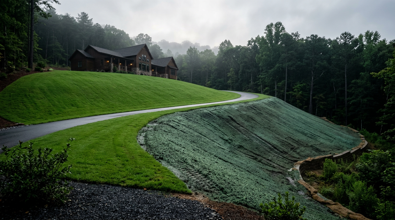 Established green lawn and stabilized slope in metro Atlanta