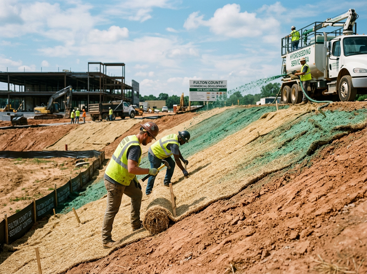 Commercial slope stabilization with straw blanket installation