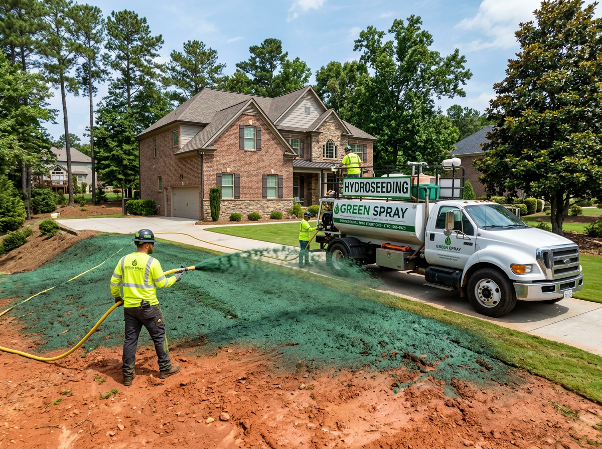 Hydroseeding crew spraying a Georgia residential lawn